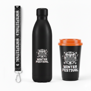 Pack anti-deshidratación rave: Vaso 500ml + Botella térmica 750ml + Lanyard porta-vasos.